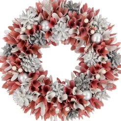 Best 13" Pink and White Wooden Floral Christmas Wreath with Pinecones Pre Decorated