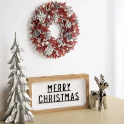 Best 13" Pink and White Wooden Floral Christmas Wreath with Pinecones Pre Decorated