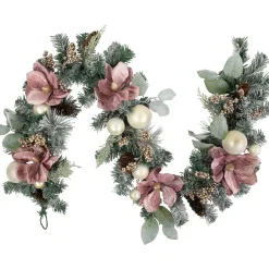 Best 6' Pink Floral and Ball Ornament Frosted Pine Artificial Christmas Garland Pre Decorated