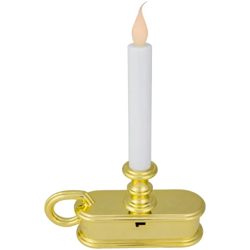 9.5" Pre-Lit LED White Lighted Christmas Candle Lamp with Gold Handle Base Candle Lamps