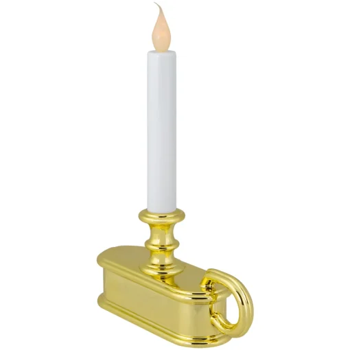 9.5" Pre-Lit LED White Lighted Christmas Candle Lamp with Gold Handle Base Candle Lamps