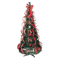 Clearance 6' Pre-Lit Red Plaid Pre-Decorated Pop-Up Artificial Christmas Tree, Multicolor Lights Pop Up