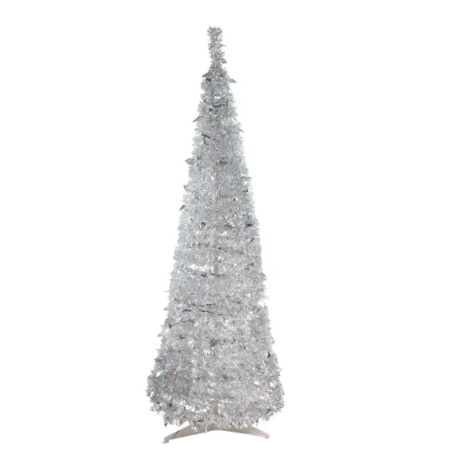 Discount 6' Pre-Lit Silver Tinsel Pop-Up Artificial Christmas Tree - Clear Lights Pop Up