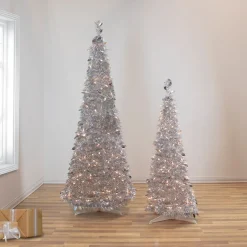 Discount 6' Pre-Lit Silver Tinsel Pop-Up Artificial Christmas Tree - Clear Lights Pop Up