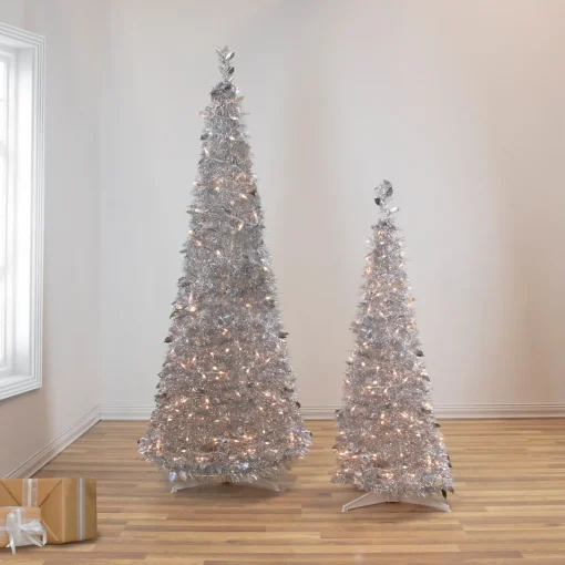 Discount 6' Pre-Lit Silver Tinsel Pop-Up Artificial Christmas Tree - Clear Lights Pop Up