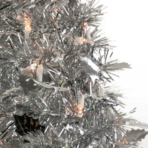 Discount 6' Pre-Lit Silver Tinsel Pop-Up Artificial Christmas Tree - Clear Lights Pop Up