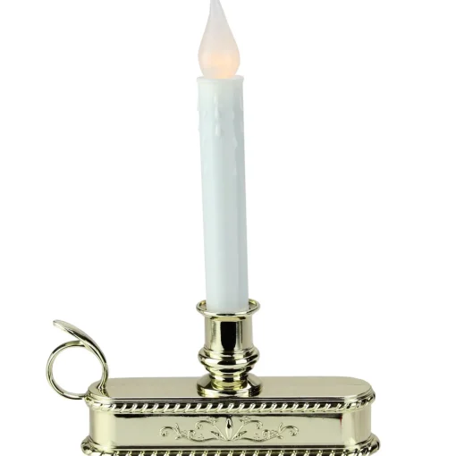 Clearance 8.75" Pre-Lit White and Gold LED C5 Flickering Christmas Candle Lamp with Handle Base Candle Lamps