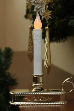 Clearance 8.75" Pre-Lit White and Gold LED C5 Flickering Christmas Candle Lamp with Handle Base Candle Lamps