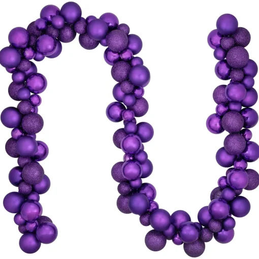 6' Purple 3-Finish Shatterproof Ball Christmas Garland Pre Decorated
