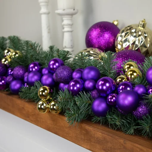 6' Purple 3-Finish Shatterproof Ball Christmas Garland Pre Decorated