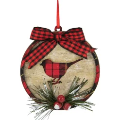 Sale 4" Red and Black Plaid Cardinal Disc Christmas Ornament Animals