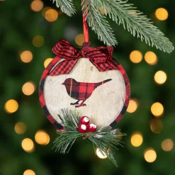 Sale 4" Red and Black Plaid Cardinal Disc Christmas Ornament Animals