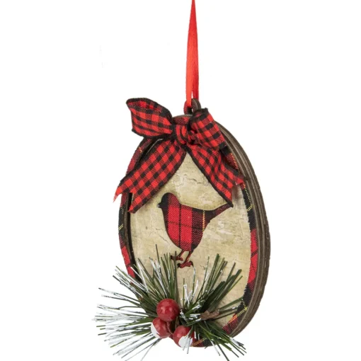 Sale 4" Red and Black Plaid Cardinal Disc Christmas Ornament Animals