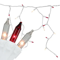 150 Red and Clear Mini Icicle Christmas Lights - 8.75 ft White Wire Icicles
