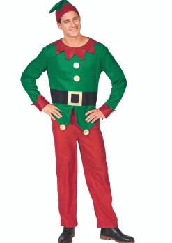 Hot 40" Red and Green Men's Elf Costume With a Christmas Santa Hat - Standard Size Costumes