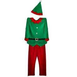 Hot 40" Red and Green Men's Elf Costume With a Christmas Santa Hat - Standard Size Costumes