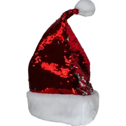 15" Red and Silver Reversible Sequined Christmas Santa Hat with Faux Fur Cuff Costumes