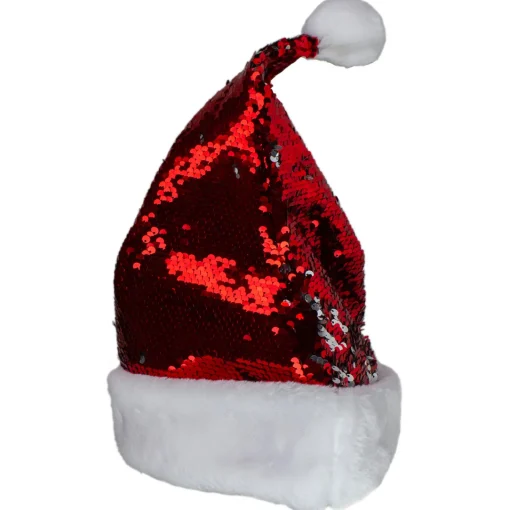 15" Red and Silver Reversible Sequined Christmas Santa Hat with Faux Fur Cuff Costumes