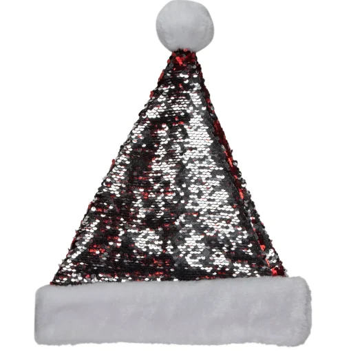 15" Red and Silver Reversible Sequined Christmas Santa Hat with Faux Fur Cuff Costumes