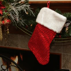 18" Red and White Cuffed Disco Sequined Christmas Stocking Stockings