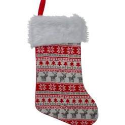 19" Red and White Deer and Snowflake Knit Christmas Stocking with Faux Fur Cuff Stockings