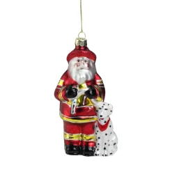 Clearance 5" Red and White Fireman Santa Claus with Dalmatian Glass Christmas Ornament Santa Claus