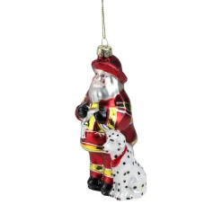 Clearance 5" Red and White Fireman Santa Claus with Dalmatian Glass Christmas Ornament Santa Claus
