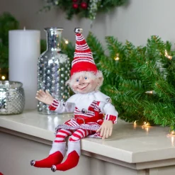 Online 13" Red and White Peppermint Striped Elf with Jingle Bells Elves & Fairies