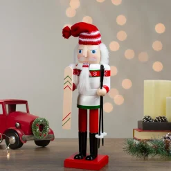 14" Red and White Wooden Skiing Christmas Nutcracker Nutcrackers