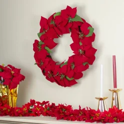 Outlet 24" Red Artificial Poinsettia Flower Christmas Wreath - Unlit Poinsettias