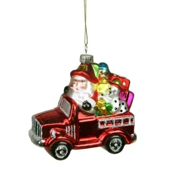 New 4" Red Fire Truck with Santa and Presents Glass Christmas Ornament Santa Claus