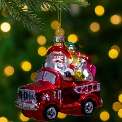New 4" Red Fire Truck with Santa and Presents Glass Christmas Ornament Santa Claus