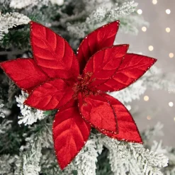 Sale 10" Red Glittered Poinsettia Christmas Floral Pick Clip-On Ornament Garden & Floral