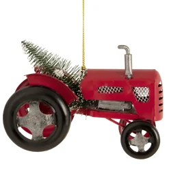 Online 3" Red Metal Tractor with Frosted Tree Christmas Ornament Transportation