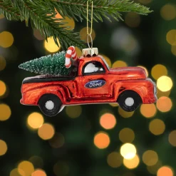 Best 4" Red Vintage Ford Truck with Frosted Tree Glass Christmas Ornament Transportation