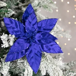 Best 10" Royal Blue Glittered Poinsettia Christmas Floral Pick Clip-On Ornament Garden & Floral
