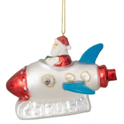 Clearance 4.25" Santa in a Silver Rocket Ship Glass Christmas Ornament Santa Claus