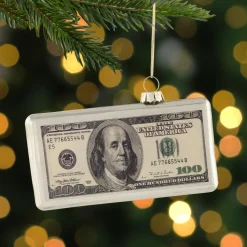 4.5" Silver 100 Dollar Bill Glass Christmas Ornament Novelty