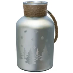 12" Silver Matte Christmas Trees and Snowflakes Pillar Candle Holder with Handle Candle Holders