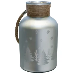 12" Silver Matte Christmas Trees and Snowflakes Pillar Candle Holder with Handle Candle Holders