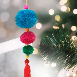 10.25" Sky Blue and Pink Pom-pom Hanging Christmas Ornament Finials|Pendants