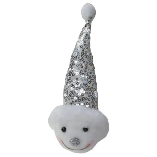 Sale 6" Smiling Snowman Head Wearing a Silver Sequin Santa Hat Christmas Ornament Snowmen