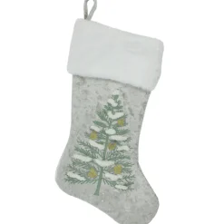 Sale 20" Snow Covered Green Tree Gray Christmas Stocking with White Cuff Stockings