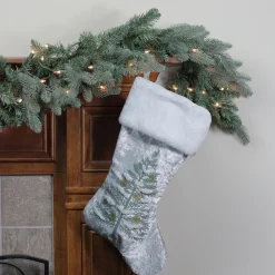 Sale 20" Snow Covered Green Tree Gray Christmas Stocking with White Cuff Stockings
