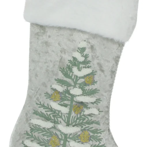 Sale 20" Snow Covered Green Tree Gray Christmas Stocking with White Cuff Stockings