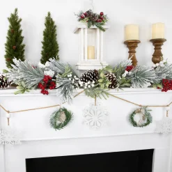 4.75" Snowflake and Frosted Pine Christmas Garland with Wooden Beads - Unlit Beaded