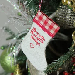 Sale 6.5" Tan and Red Embroidered Heart Stocking with Gingham Cuff Christmas Ornament Stockings