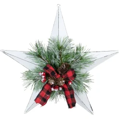 17" White 5 point Christmas Star With Plaid Ribbon with Artificial Pine Wall