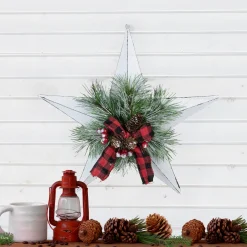 17" White 5 point Christmas Star With Plaid Ribbon with Artificial Pine Wall