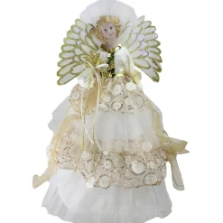 Clearance 16" White and Gold Lighted Angel Sequined Gown Christmas Tree Topper Angels